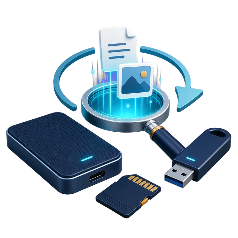 USBメモリ、SDカード、外付けドライブからファイルを解析して復元するイメージ